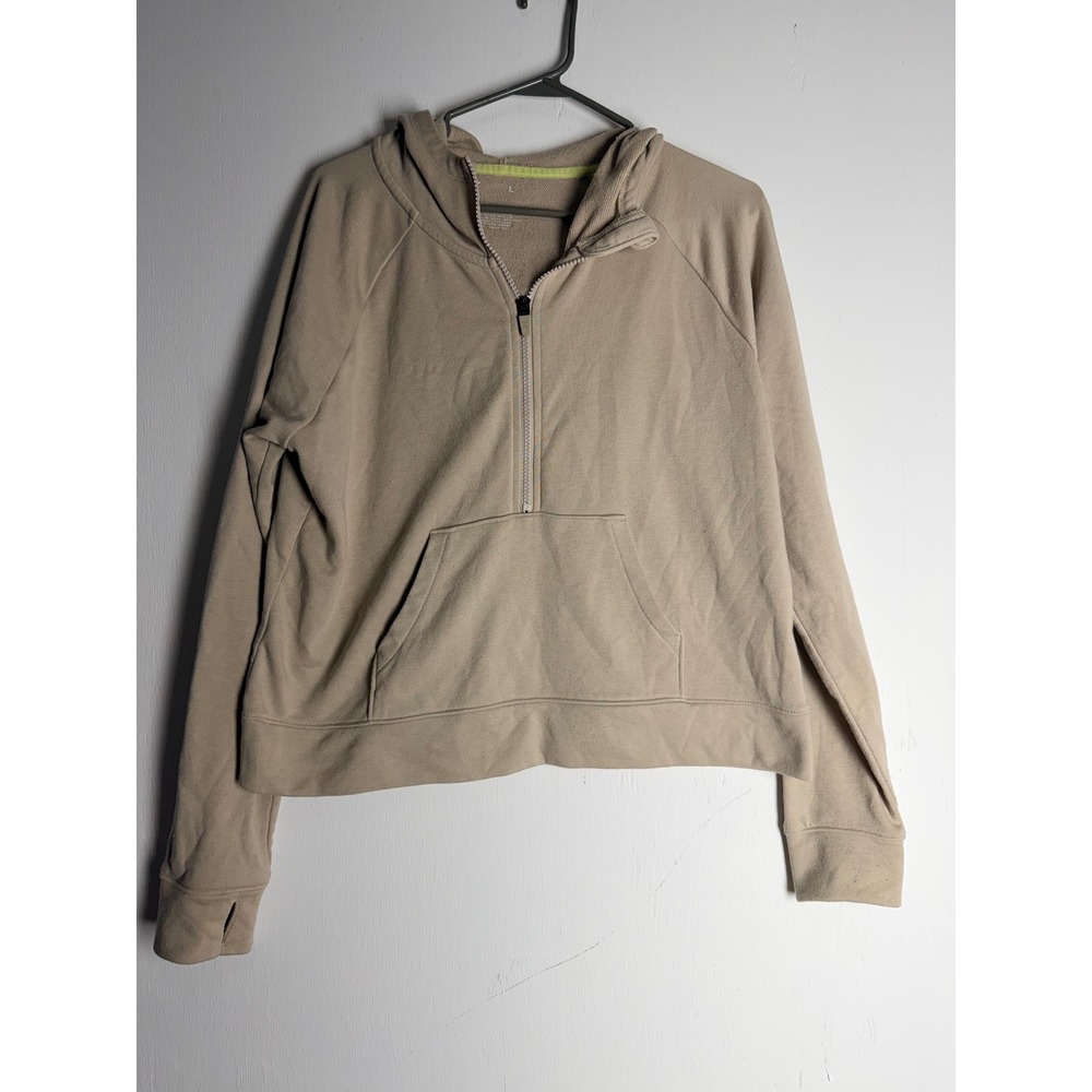 Xersion Womens Tan Beige Quarter Zip Hoodie Pullover Activewear Thumbholes L